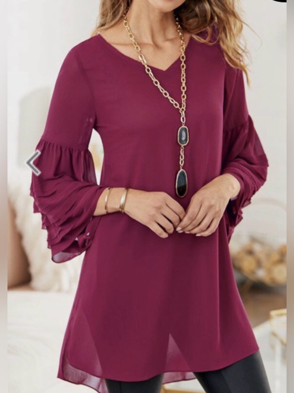 Soft Surroundings Women Tunic Top Maroon Sheer Overlay Chiffon Large NWT  $89.95